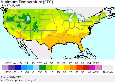 United States Mean Minimum Temperature (CPC) Thematic Map For 6/17/2019 - 6/23/2019