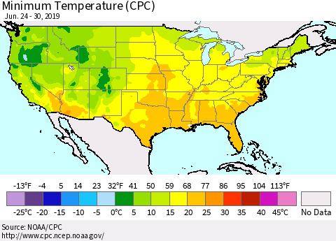 United States Mean Minimum Temperature (CPC) Thematic Map For 6/24/2019 - 6/30/2019