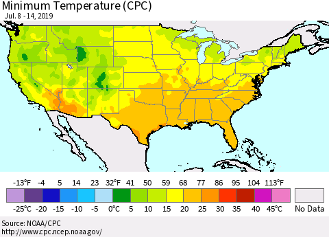 United States Mean Minimum Temperature (CPC) Thematic Map For 7/8/2019 - 7/14/2019