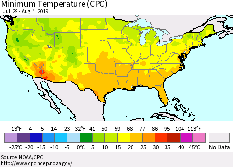 United States Mean Minimum Temperature (CPC) Thematic Map For 7/29/2019 - 8/4/2019