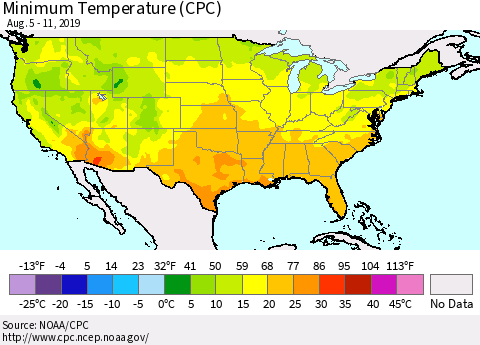 United States Mean Minimum Temperature (CPC) Thematic Map For 8/5/2019 - 8/11/2019