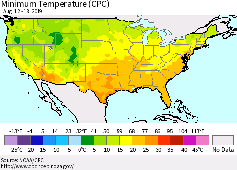 United States Mean Minimum Temperature (CPC) Thematic Map For 8/12/2019 - 8/18/2019