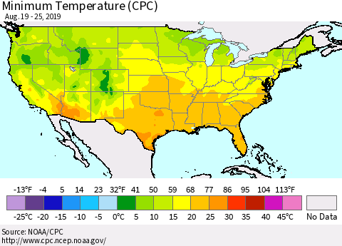 United States Mean Minimum Temperature (CPC) Thematic Map For 8/19/2019 - 8/25/2019