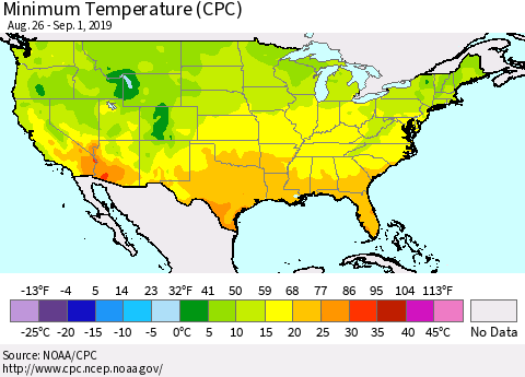 United States Mean Minimum Temperature (CPC) Thematic Map For 8/26/2019 - 9/1/2019