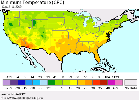 United States Mean Minimum Temperature (CPC) Thematic Map For 9/2/2019 - 9/8/2019
