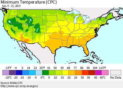 United States Mean Minimum Temperature (CPC) Thematic Map For 9/9/2019 - 9/15/2019