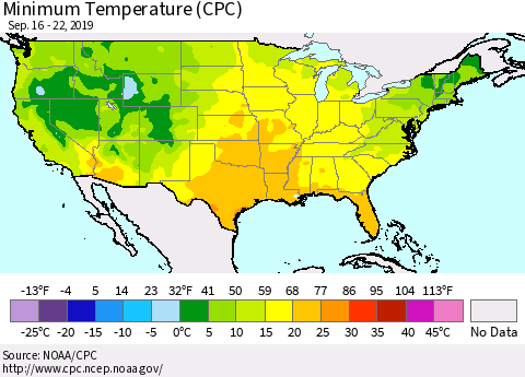 United States Mean Minimum Temperature (CPC) Thematic Map For 9/16/2019 - 9/22/2019