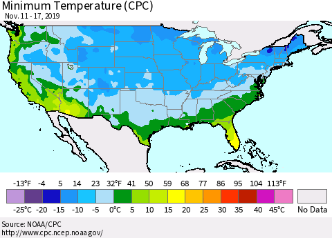 United States Mean Minimum Temperature (CPC) Thematic Map For 11/11/2019 - 11/17/2019