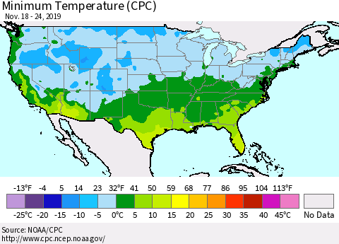 United States Mean Minimum Temperature (CPC) Thematic Map For 11/18/2019 - 11/24/2019