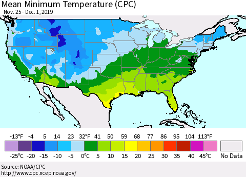 United States Mean Minimum Temperature (CPC) Thematic Map For 11/25/2019 - 12/1/2019