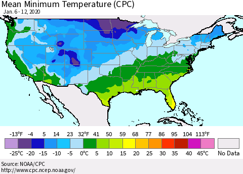 United States Mean Minimum Temperature (CPC) Thematic Map For 1/6/2020 - 1/12/2020