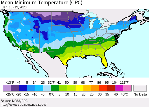 United States Mean Minimum Temperature (CPC) Thematic Map For 1/13/2020 - 1/19/2020