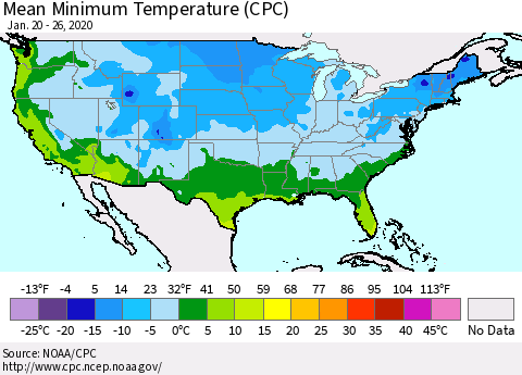 United States Mean Minimum Temperature (CPC) Thematic Map For 1/20/2020 - 1/26/2020