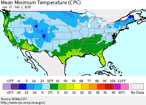United States Mean Minimum Temperature (CPC) Thematic Map For 1/27/2020 - 2/2/2020