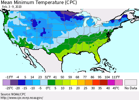 United States Mean Minimum Temperature (CPC) Thematic Map For 2/3/2020 - 2/9/2020