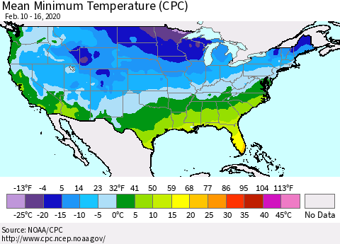 United States Mean Minimum Temperature (CPC) Thematic Map For 2/10/2020 - 2/16/2020