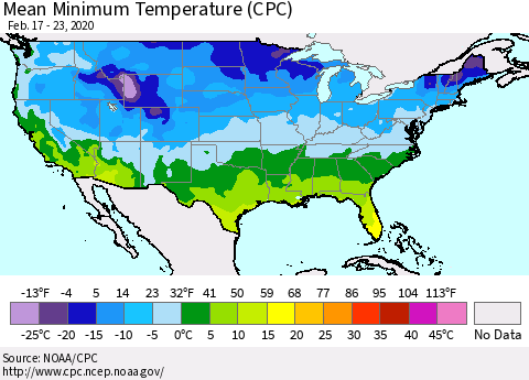 United States Mean Minimum Temperature (CPC) Thematic Map For 2/17/2020 - 2/23/2020