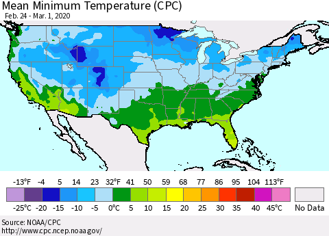 United States Mean Minimum Temperature (CPC) Thematic Map For 2/24/2020 - 3/1/2020