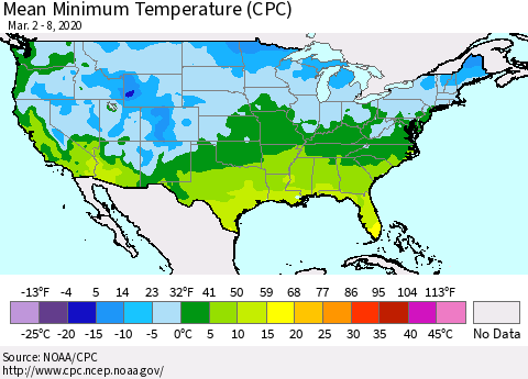 United States Minimum Temperature (CPC) Thematic Map For 3/2/2020 - 3/8/2020