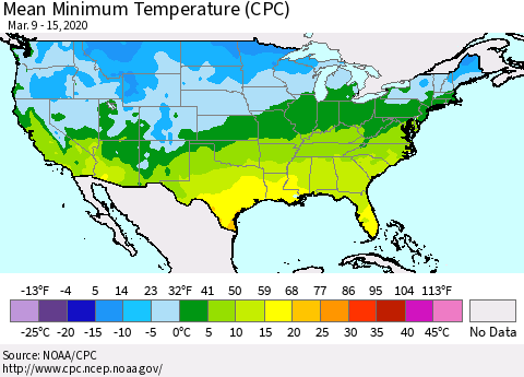 United States Minimum Temperature (CPC) Thematic Map For 3/9/2020 - 3/15/2020