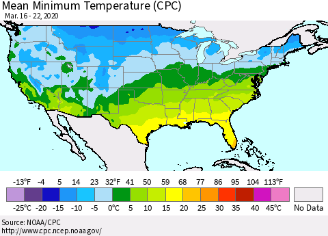 United States Mean Minimum Temperature (CPC) Thematic Map For 3/16/2020 - 3/22/2020