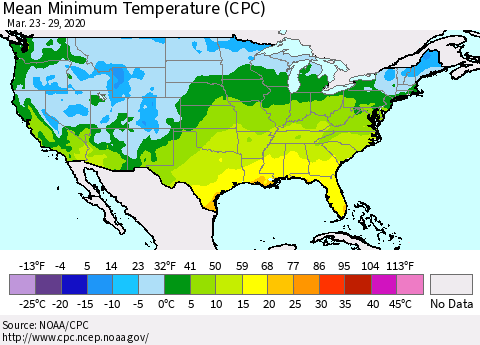 United States Minimum Temperature (CPC) Thematic Map For 3/23/2020 - 3/29/2020