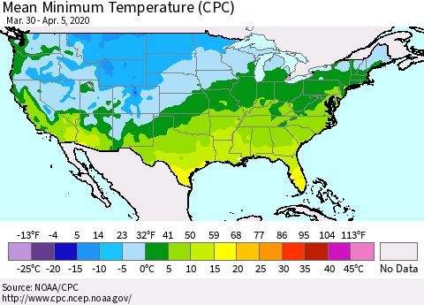 United States Minimum Temperature (CPC) Thematic Map For 3/30/2020 - 4/5/2020