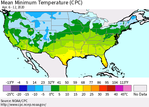 United States Minimum Temperature (CPC) Thematic Map For 4/6/2020 - 4/12/2020