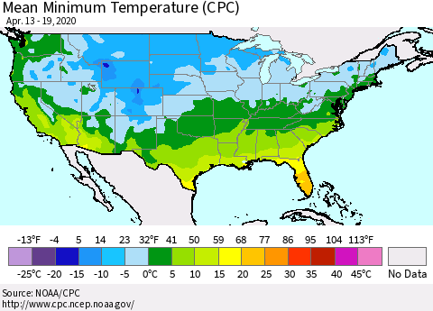 United States Minimum Temperature (CPC) Thematic Map For 4/13/2020 - 4/19/2020