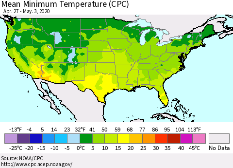 United States Minimum Temperature (CPC) Thematic Map For 4/27/2020 - 5/3/2020