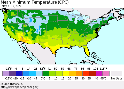 United States Minimum Temperature (CPC) Thematic Map For 5/4/2020 - 5/10/2020