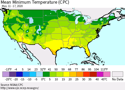 United States Mean Minimum Temperature (CPC) Thematic Map For 5/11/2020 - 5/17/2020