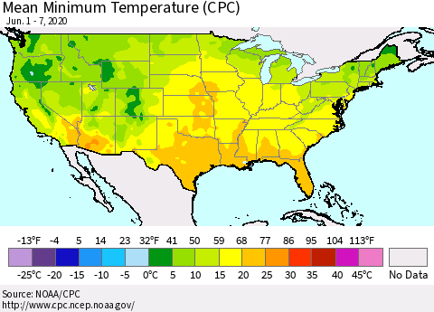 United States Minimum Temperature (CPC) Thematic Map For 6/1/2020 - 6/7/2020