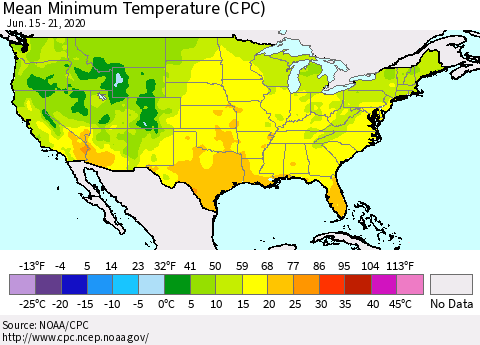 United States Minimum Temperature (CPC) Thematic Map For 6/15/2020 - 6/21/2020