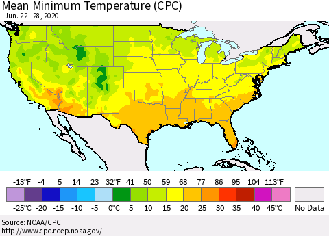 United States Minimum Temperature (CPC) Thematic Map For 6/22/2020 - 6/28/2020