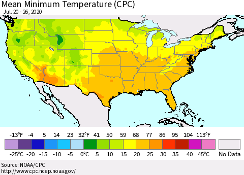 United States Minimum Temperature (CPC) Thematic Map For 7/20/2020 - 7/26/2020