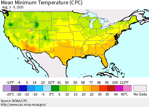 United States Minimum Temperature (CPC) Thematic Map For 8/3/2020 - 8/9/2020