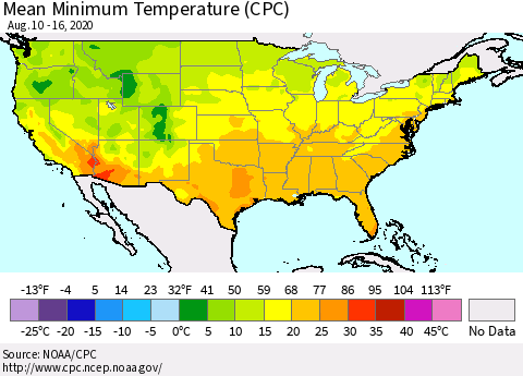 United States Minimum Temperature (CPC) Thematic Map For 8/10/2020 - 8/16/2020