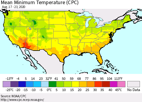 United States Minimum Temperature (CPC) Thematic Map For 8/17/2020 - 8/23/2020