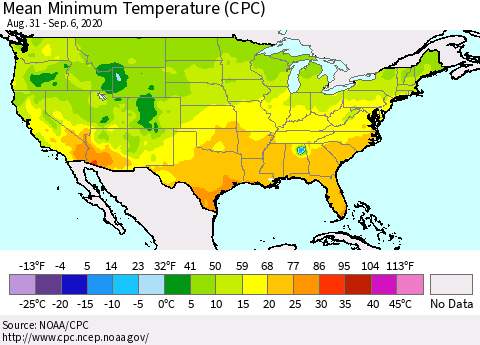 United States Minimum Temperature (CPC) Thematic Map For 8/31/2020 - 9/6/2020