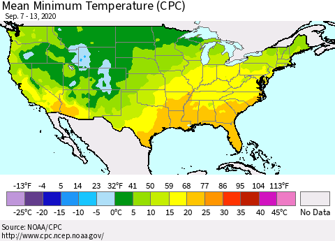 United States Minimum Temperature (CPC) Thematic Map For 9/7/2020 - 9/13/2020