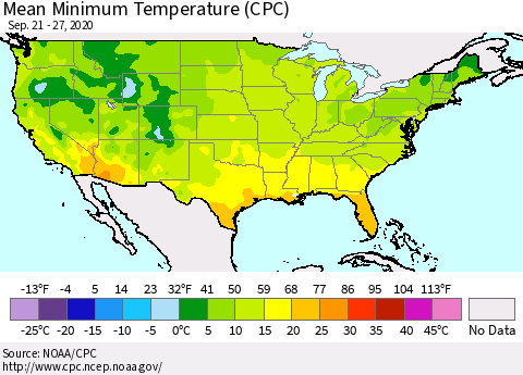 United States Mean Minimum Temperature (CPC) Thematic Map For 9/21/2020 - 9/27/2020