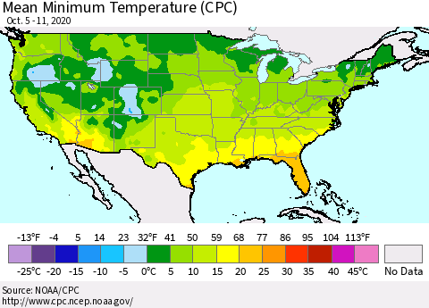 United States Mean Minimum Temperature (CPC) Thematic Map For 10/5/2020 - 10/11/2020