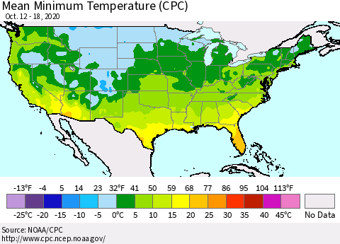 United States Mean Minimum Temperature (CPC) Thematic Map For 10/12/2020 - 10/18/2020