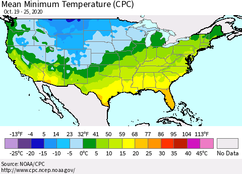 United States Mean Minimum Temperature (CPC) Thematic Map For 10/19/2020 - 10/25/2020