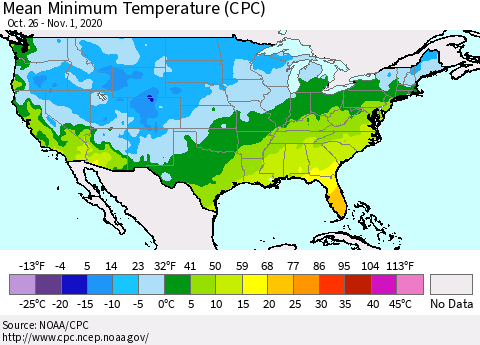 United States Mean Minimum Temperature (CPC) Thematic Map For 10/26/2020 - 11/1/2020