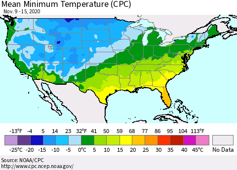 United States Minimum Temperature (CPC) Thematic Map For 11/9/2020 - 11/15/2020