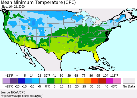 United States Mean Minimum Temperature (CPC) Thematic Map For 11/16/2020 - 11/22/2020
