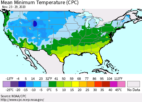 United States Mean Minimum Temperature (CPC) Thematic Map For 11/23/2020 - 11/29/2020