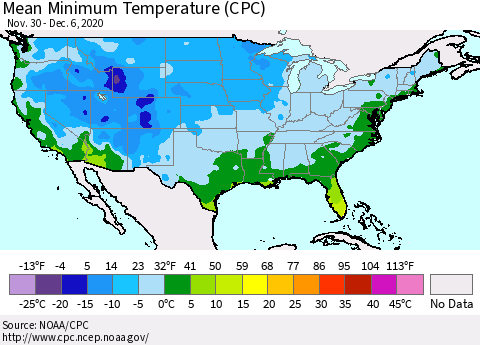 United States Minimum Temperature (CPC) Thematic Map For 11/30/2020 - 12/6/2020